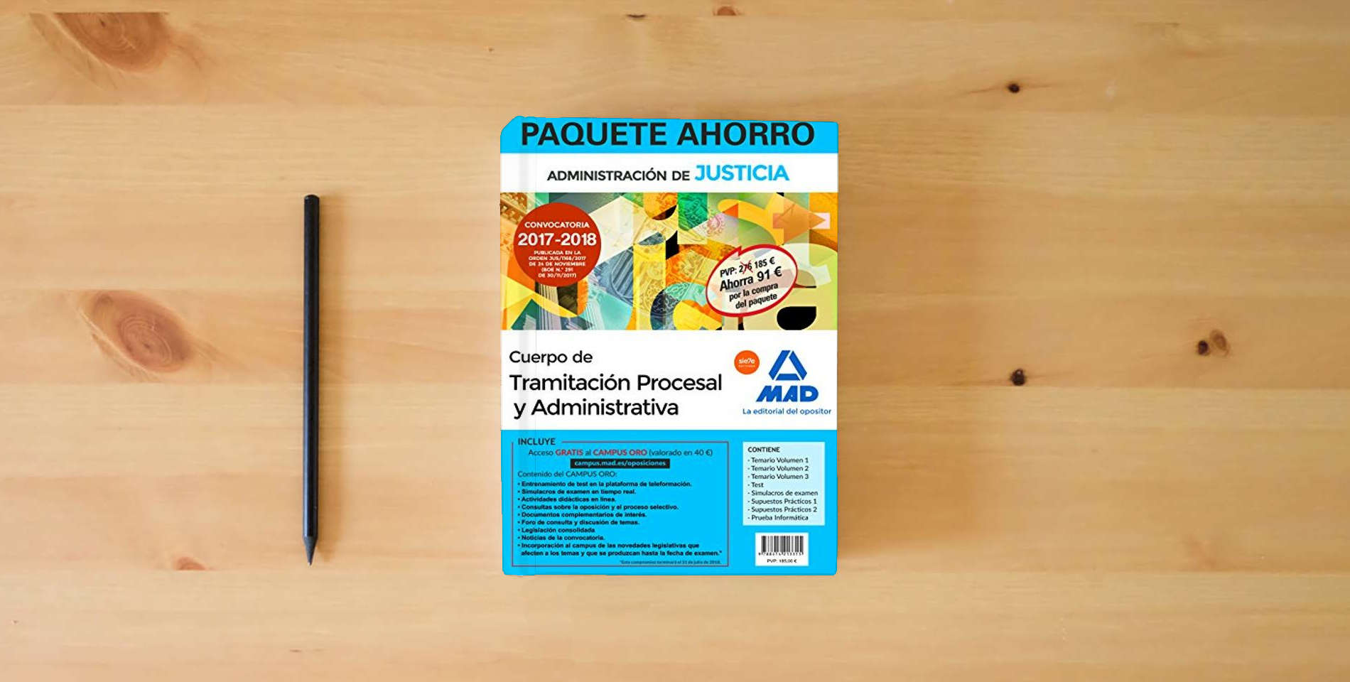 The book Paquete Ahorro Tramitación Procesal y Administrativa (turno libre). Ahorra 91 € (incluye Temario volúmenes 1, 2 y 3; Test; Supuestos prácticos ... Simulacros de examen y acceso Campus Oro) is on the table