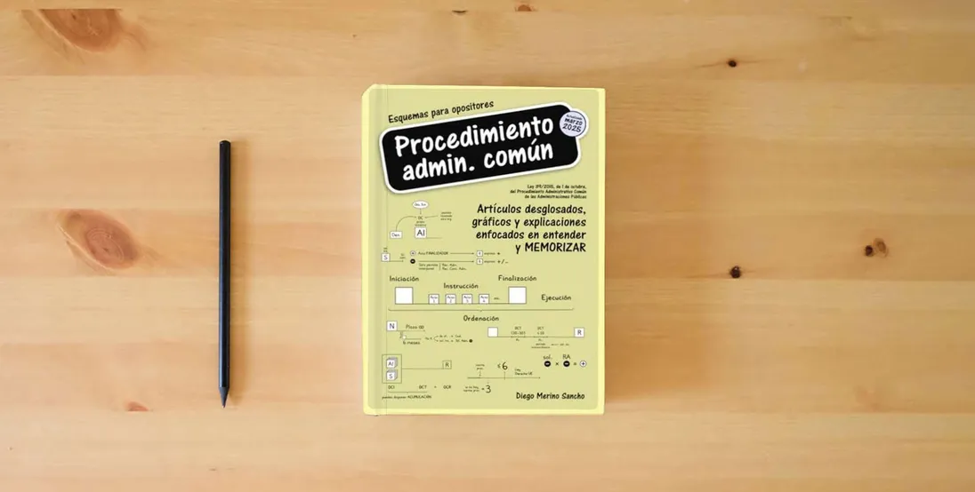 The book Esquemas para Opositores. Procedimiento Administrativo Común: Artículos desglosados, gráficos y explicaciones enfocados en entender y MEMORIZAR} is on the table