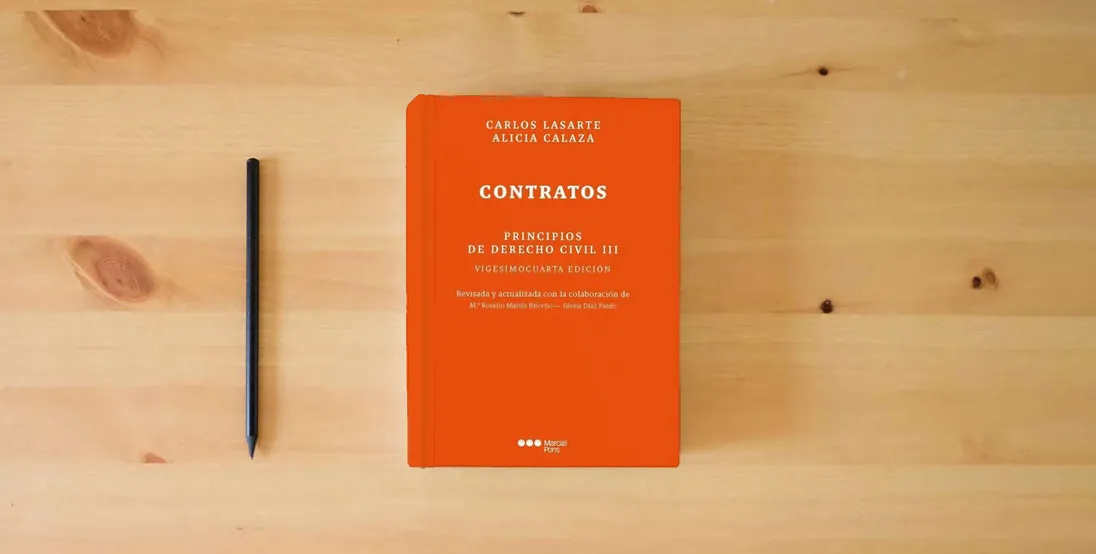 The book Principios de Derecho civil T. III: Tomo III: Contratos 24ª ED. (Manuales Universitarios)} is on the table
