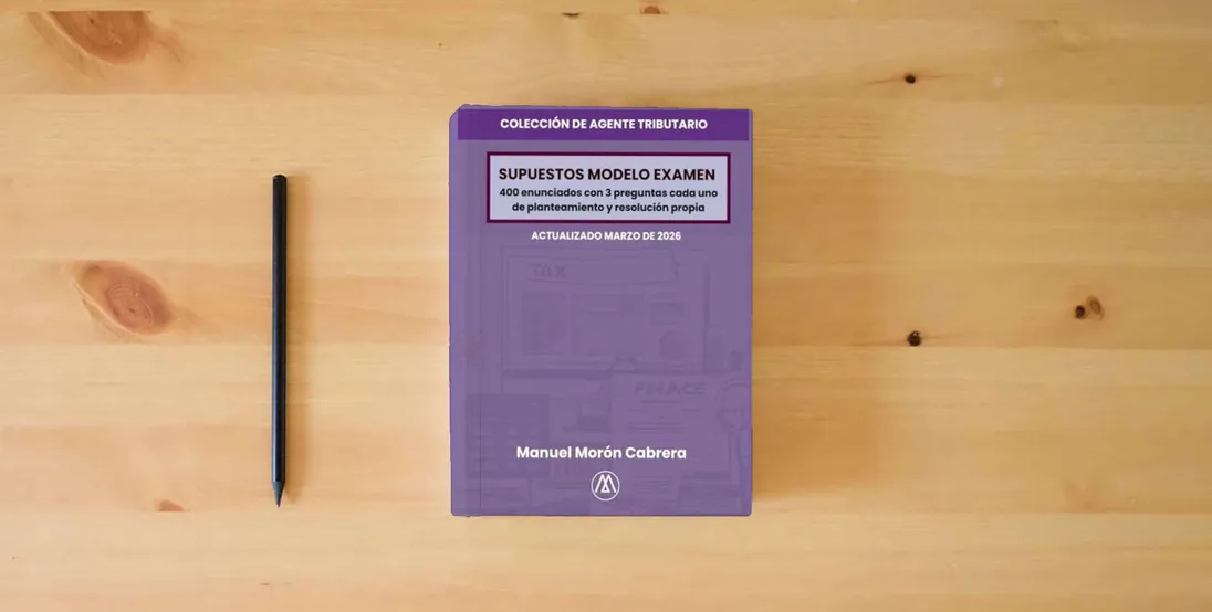The book Supuestos de Examen Originales: 400 enunciados de 3 preguntas cada uno.} is on the table