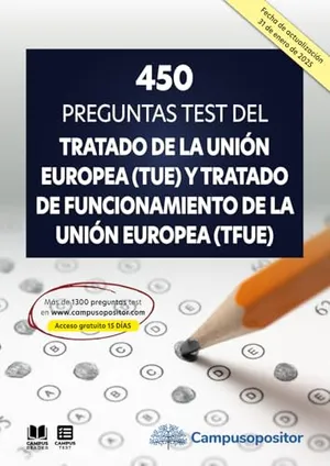 Portada del Libro: 450 preguntas test del Tratado de la Unión Europea (TUE) y Tratado de Funcionamiento de la Unión Europea (TFUE)
