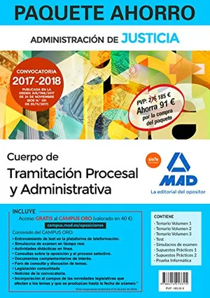 Portada del Libro: Paquete Ahorro Tramitación Procesal y Administrativa (turno libre). Ahorra 91 € (incluye Temario volúmenes 1, 2 y 3; Test; Supuestos prácticos ... Simulacros de examen y acceso Campus Oro)